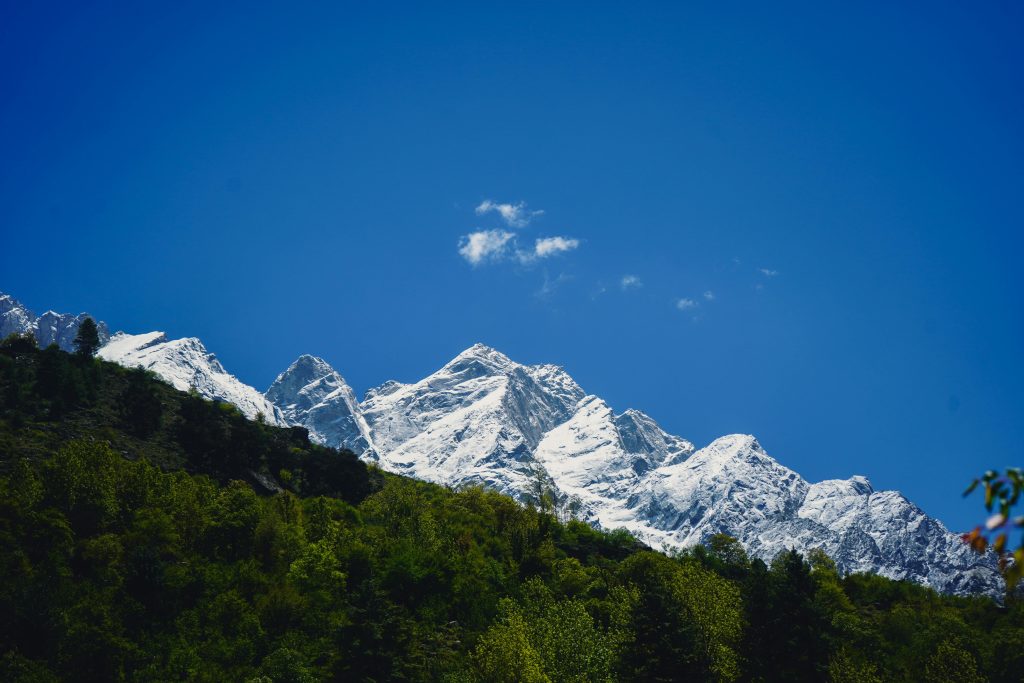 Majestic snow-capped mountain range under a clear blue sky with lush forest below.