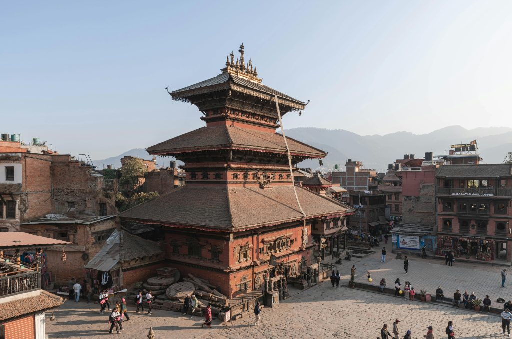 Aerial view of Nyatapola Temple in Bhaktapur, showcasing traditional Newari architecture.